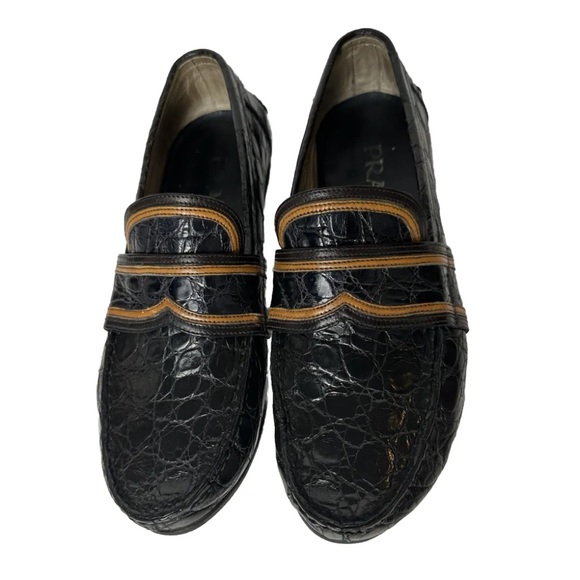 Prada Other - Men’s Prada Dark Blue 7 US /6 UK Embossed Crocodile Loafer Moccasins Brown Trim